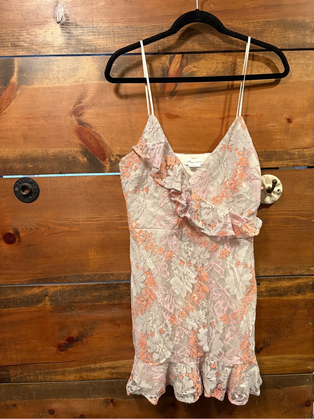 Lovers + Friends Pink and Cream Lace Ruffle Slip Dress